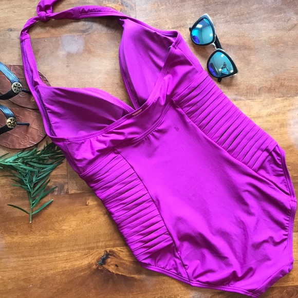 Calvin Klein Pleated Slimming Halter One Piece - Picture 3 of 5